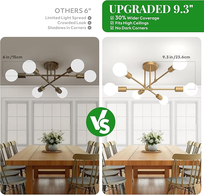 Modern Sputnik Chandelier, 6-Lights 22" Bronze Antique Copper Finish Ceiling Fixture, Mid Century Industrial Semi Flush Mount for Dining Room Bedroom Living Room (NOT Bright Gold)