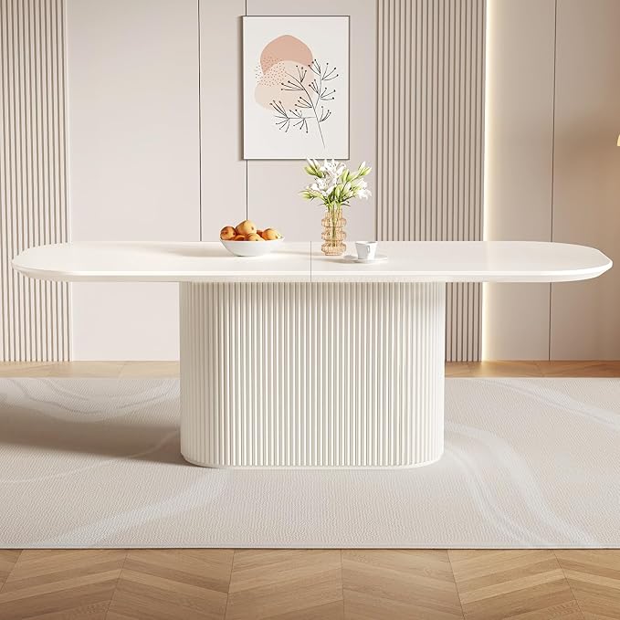 86.6“ Rectangular Dining Table for 6-8 People, Modern Kitchen Dining Room Table with Pedestal Base, Cream White Dining Table Furniture, Mid Century Large Table for Apartment Home Living Room