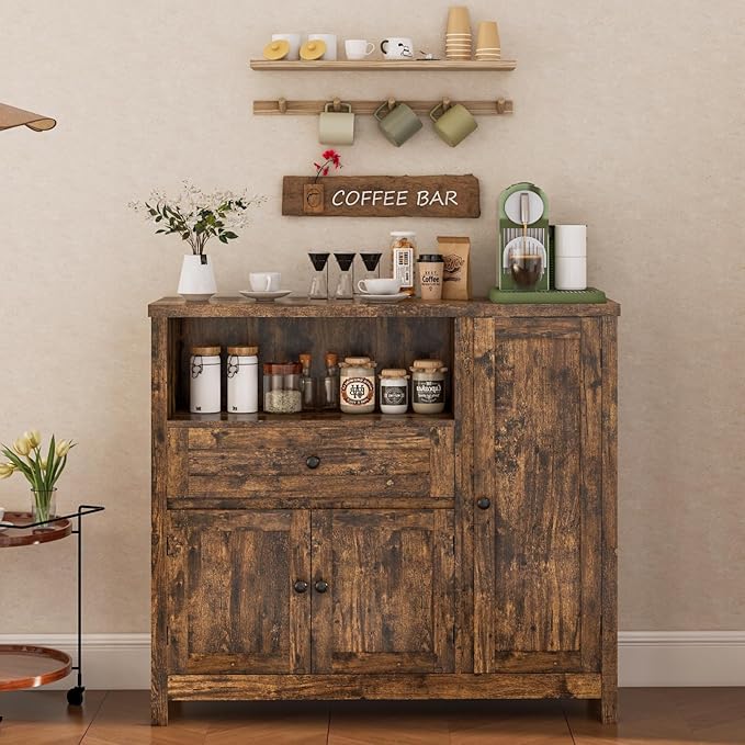 Viaozutis Storage Cabinet with Doors and Drawers,Kitchen Storage Cabinets，with Drawer and Adjustable Shelf（Retro）