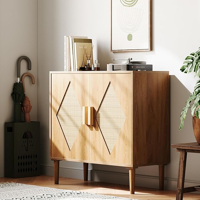 GarveeHome Two-Piece Dining Sideboard with Storage, Rattan Decorative Double Door Storage Cabinets, Sideboards and Decorative Cabins for Living Room, Dining Room, Foyer, Kitchen