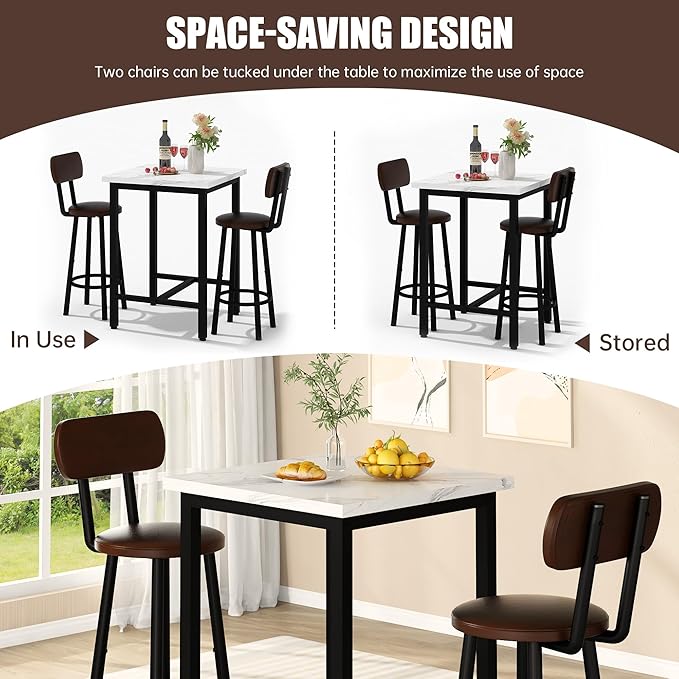 Recaceik 3 Piece Pub Dining Set, 24" Square Kitchen Table and Chairs Set with 2 PU Leather Upholstered Stools, Pub Table and Chairs Set for Breakfast Nook Living Room Small Space Restaurant