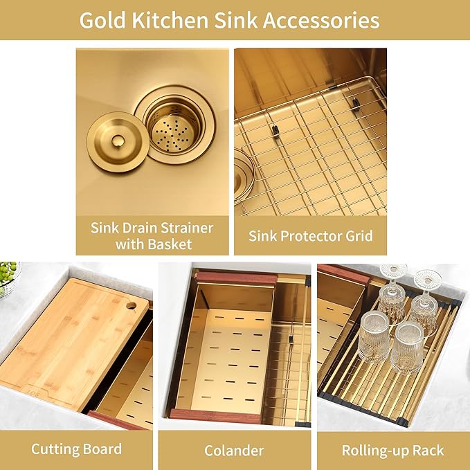 LQS Gold Kitchen Sink, 32 Inch Gold Undermount Kitchen Sink, 32” x 19" Stainless Steel 16 Gauge Kitchen Sinks with Pratical Accessories For Luxury Kitchens, Round Corner and X Drain Line