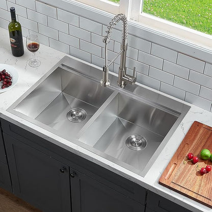 KINGO HOME 50/50 Double Bowl Kitchen Sink, 33x22 Inch Drop In Kitchen Sink, 33 Inch Ledge Workstation 16 Gauge Stainless Steel Topmount Double Basin with Cutting Board