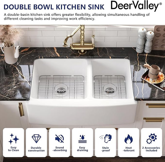 DeerValley Double Bowl White Kichen Sink 33 inch, Ceramic Apron Front Farmhouse Sink, Deep Drop-in Fireclay Undermount Large Sinks with Grid & Strainer
