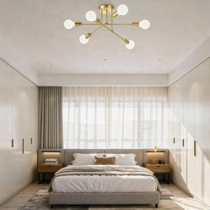 Modern Sputnik Chandelier Ceiling Light Fixtures, 6-Lights 22” Mid Century Industrial Metal Semi Flush Mount for Dining Room, Bedroom, Living Room-Brushed Gold