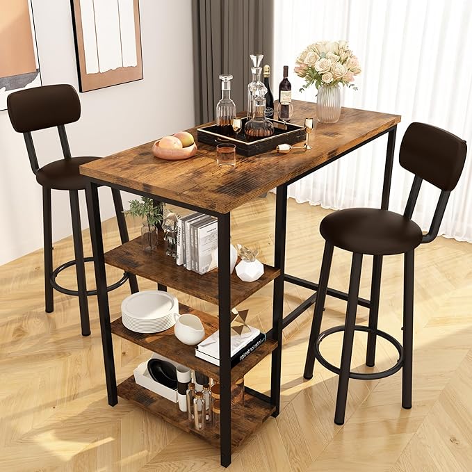 DKLGG Dining Table Set for 2, Counter Height Bar Table Set with Storage ＆ Stools, High Top Pub Table and Chairs for Kitchen, Dining Room, Sofa Side, Apartment, Breakfast Nook, Brown
