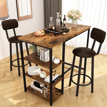 DKLGG Dining Table Set for 2, Counter Height Bar Table Set with Storage ＆ Stools, High Top Pub Table and Chairs for Kitchen, Dining Room, Sofa Side, Apartment, Breakfast Nook, Brown