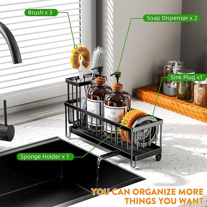 Cisily Sponge Holder for Kitchen Sink, Sink Caddy Organizer with High Brush Holder, Kitchen Countertop Organizers and Storage Essentials, Rustproof 304 Stainless Steel (Black, 10.62″)