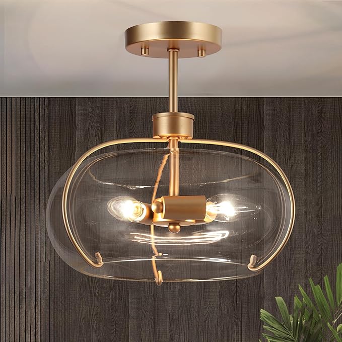 LALUZ Modern Gold Semi Flush Mount Ceiling Light, 2-Light Clear Glass Ceiling Light Fixture, 12" Flush Mount for Bedroom, Kitchen, Hallway, Entryway