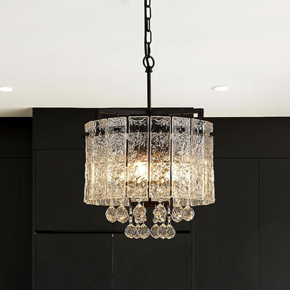 13.4" Small 4-Light Modern Glass Chandelier Light Fixtures Mini Black 2-Tier Crystal Chandeliers for Dining Room Round Hanging Ceiling Pendant Lighting for Kitchen Island Entryway Hallway
