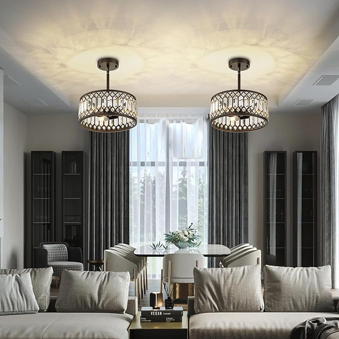 3-Light Crystal Ceiling Light, Black Semi Flush Mount Ceiling Lighting Fixture with Drum Shade, Dia 12" Lighting Fixtures for Hallway, Kitchen, Entryway, Bedroom, Laundry Room