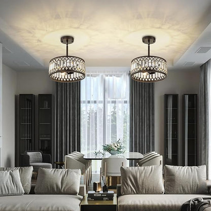 3-Light Crystal Ceiling Light, Black Semi Flush Mount Ceiling Lighting Fixture with Drum Shade, Dia 12" Lighting Fixtures for Hallway, Kitchen, Entryway, Bedroom, Laundry Room