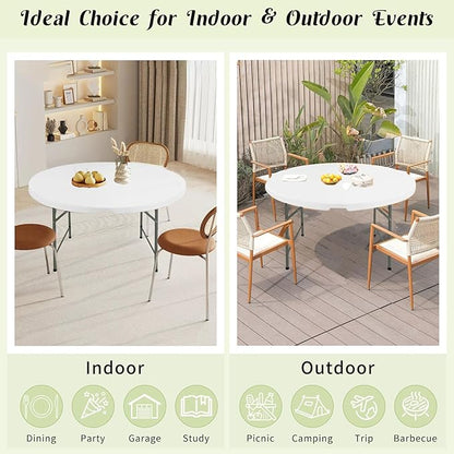 Fivenl 4 FT Round Folding Tables White Foldable Table, Fold-in-Half with Carrying Handle Portable Plastic Table for Party, Dining, Wedding, Camping, Picnic, Indoor Outdoor Events