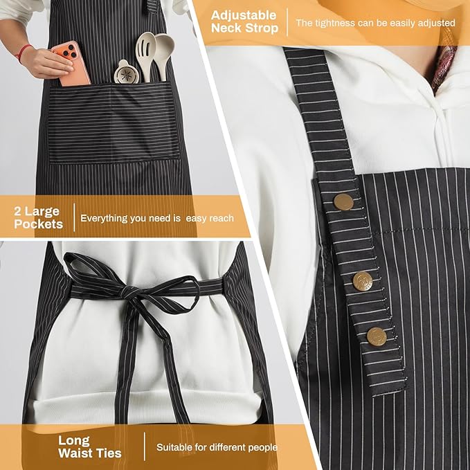 Adjustable Bib Apron Waterdrop Resistant with 2 Pockets Cooking Kitchen Aprons for Women Men Chef