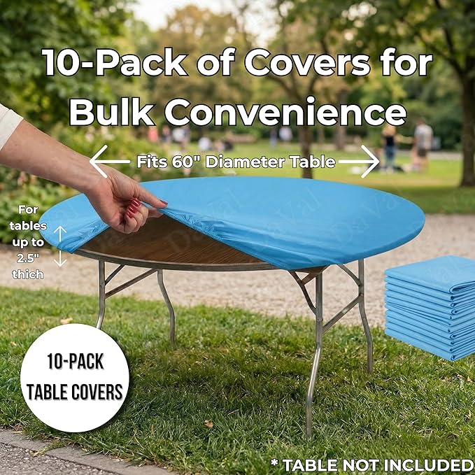 Kwik-Covers 10 Pack of Round Plastic Table Covers - 60" or 72" Round - Indoor or Outdoor Fitted Covers (Tables NOT Included) (Light Blue, 60" Round)