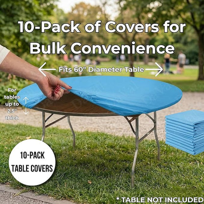 Kwik-Covers 10 Pack of Round Plastic Table Covers - 60" or 72" Round - Indoor or Outdoor Fitted Covers (Tables NOT Included) (Light Blue, 60" Round)