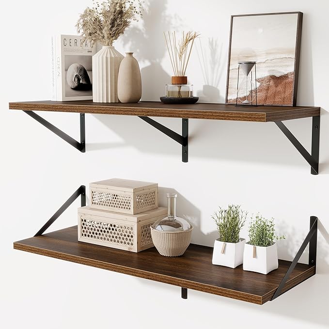 Acovy Floating Shelf for Wall,32" WX10 D Wood Floating Shelves with Sturdy Metal Bracket Set of 2,Wall Mounted Hanging Shelf for Bathroom,Bedroom,Kitchen,Walnut