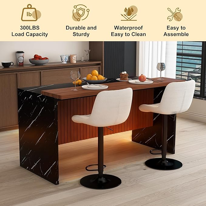 Runboll 63" Large Island Table Set with 2 Bar Stools, Modern Faux Marble Dining Table Set with Multi-Color LED Lights, Kitchen Island with Grille Design for Dining Room, Home, Office, Living Room