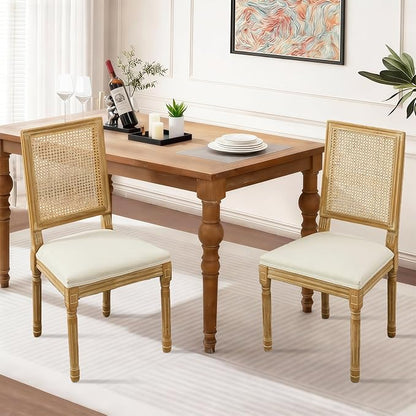 SoarFlash French Dining Chairs Set of 6, Vintage Dining Chairs with Rattan Backrest, Wooden Framehouse Chairs for Living Room, Kitchen, Restaurant, Beige