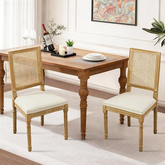 SoarFlash French Dining Chairs Set of 2, Vintage Dining Chairs with Rattan Backrest, Wooden Framehouse Chairs for Living Room, Kitchen, Restaurant, Beige