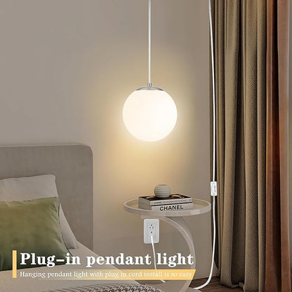 KoKo&Yukina 10" Globe Pendant Light Nickel Plug in Pendant Light Adjustable Hanging Lights with Plug in Cord Nickel Finished with Milk Glass Lampshade for Bedroom Kitchen Island (Bulb Included)