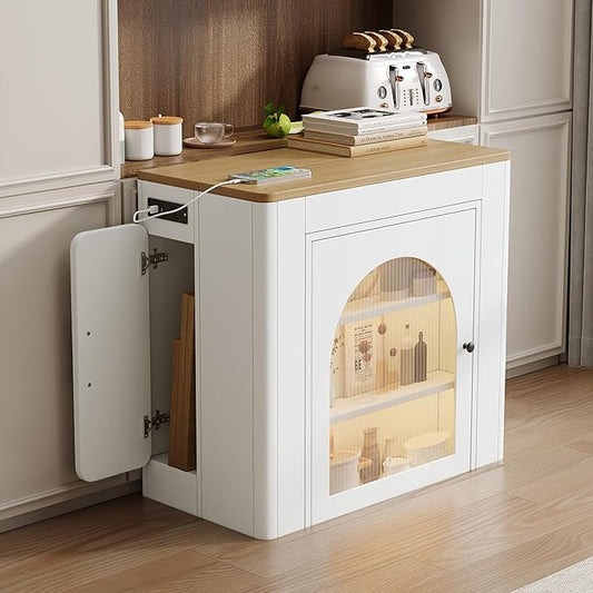 Extendable Dining Table with 3 Removable Leaves, Folding Console Table with Storage, Power Outlet, LED Light, Rolling Kitchen Island with Fluted Glass Doors, Cream White/Natural
