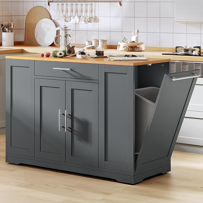 DWVO Large Kitchen Island with Trash Can Cabinet, 53 Inch Kitchen Island on Wheels, Rolling Island with Tilt-Out Garbage Storage Fits 13 Gallon Bin, Spice Rack and Drawer, for Dining Room, Gray