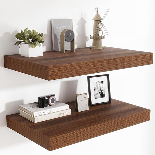 Heimlove 24 x 12 Inch Deep Floating Shelves Wall Mounted with Invisible Brackets,Storage Hanging Shelf for Wall Decor in Bathroom, Bedroom, Toilet, Kitchen, Living Room, Office Set of 2 (Walnut)
