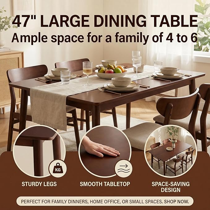 BAKEVE Bamboo Dining Table for 4-6 Person- 47.2'' Solid Wood Kitchen Table, Farmhouse Rectangular Dining Room Table, Mid Century Modern Desk for Living Room, Office, Kitchen and Study (Walnut)
