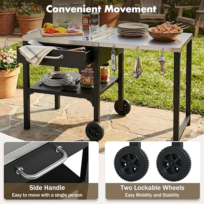 JIJIWANG 54.7" Outdoor Kitchen Island with Stainless Steel Top and Foldable Table, Kitchen Island with Drawer and Shelf, BBQ Cart with Wheels for Backyard Patio Black