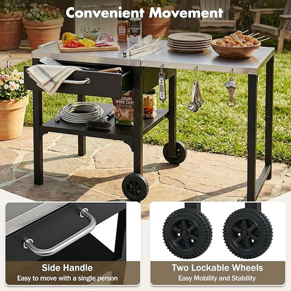 JIJIWANG 54.7" Outdoor Kitchen Island with Stainless Steel Top and Foldable Table, Kitchen Island with Drawer and Shelf, BBQ Cart with Wheels for Backyard Patio Black