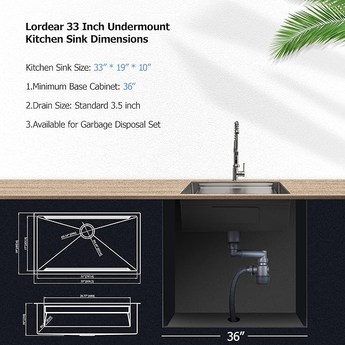 Lordear 33 Inch Undermount Kitchen Sink Stainless Steel 16 Gauge Single Bowl Workstation Large Sinks 33 x19 Inch Double Ledges Under Counter Handmade Sink