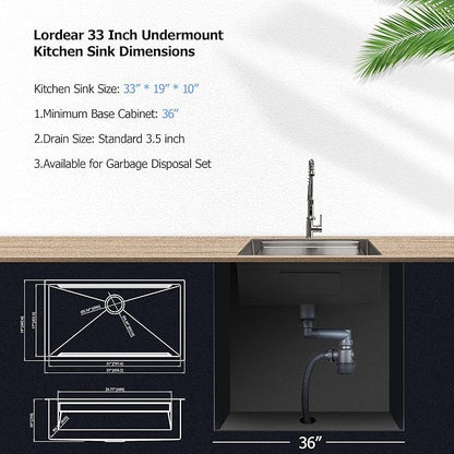 Lordear 33 Inch Undermount Kitchen Sink Stainless Steel 16 Gauge Single Bowl Workstation Large Sinks 33 x19 Inch Double Ledges Under Counter Handmade Sink