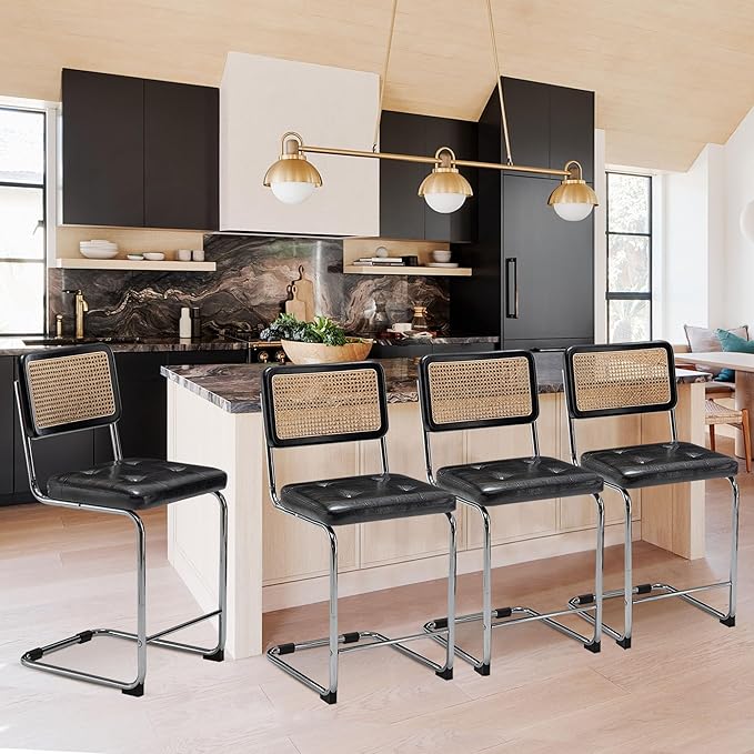 Alunaune 24inch Black Rattan Barstools Set of 2, Upholstered Modern Counter Bar Height Stools with Metal Chrome Legs for Living Room-PU Seat