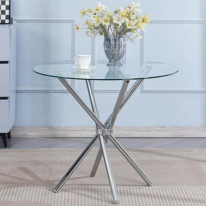 Round Glass Dining Table,Clear Kitchen Table with Tempered Glass Tabletop and Tripod Chrome Legs,Round Glass Table for Restaurant/Dining Room 35.43" D x 35.43" W x 29.5" H (Silver- 4 Legs)