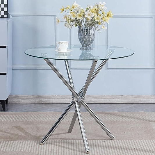 Round Glass Dining Table,Clear Kitchen Table with Tempered Glass Tabletop and Tripod Chrome Legs,Round Glass Table for Restaurant/Dining Room 35.43" D x 35.43" W x 29.5" H (Silver- 4 Legs)