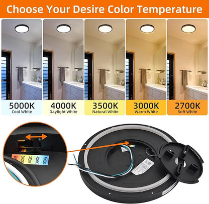 Hlite 12 Inch Flush Mount LED Ceiling Light with Night Light, 24W, 2400lm, Selectable 3000K/4000K/5000K, Flat Lights for Bedroom, Kitchen, Black(1Pack)