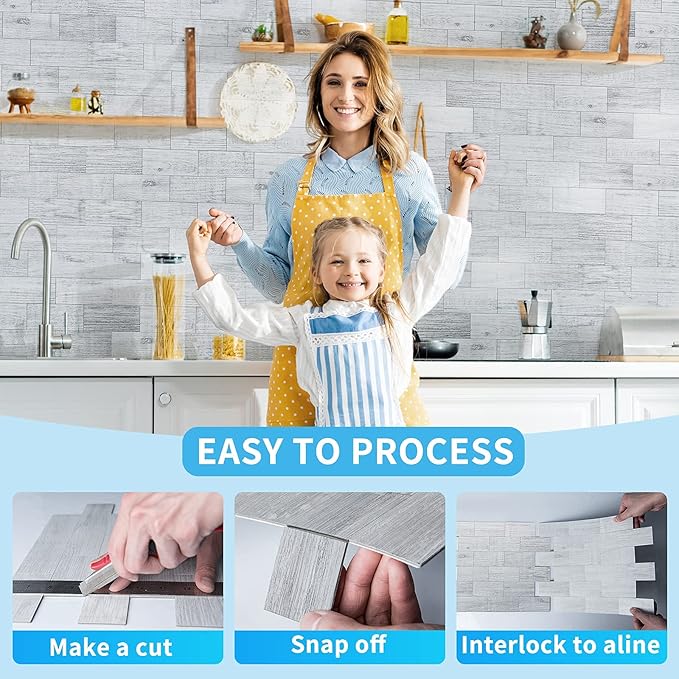 Art3d 10-Sheet Peel and Stick Backsplash PVC Wall Tile, Stickon Tile for Kitchen Backplash, Bathroom Vanities, Fireplace Decor, Laundry Table, Stair Decals in White-Washed, Plastic-Sheets