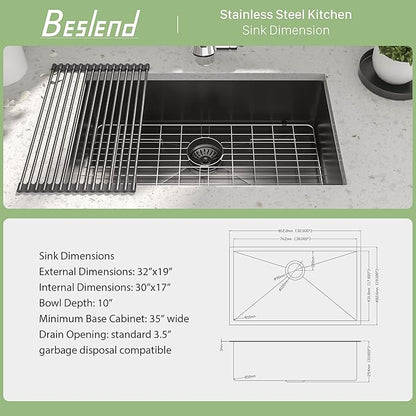32 Inch Black Undermount Kitchen Sink - Beslend 32"x19"x10" Stainless Steel Gunmetal Black 16 Gauge 10 Inch Deep Single Bowl Basin