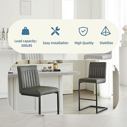 26" Counter Height Bar Stools Set of 2, Modern Upholstered Chairs with Vertical Tufted Backrest & Footrest, Metal Frame for Kitchen Island, Home Bar (Gray PU Leather)