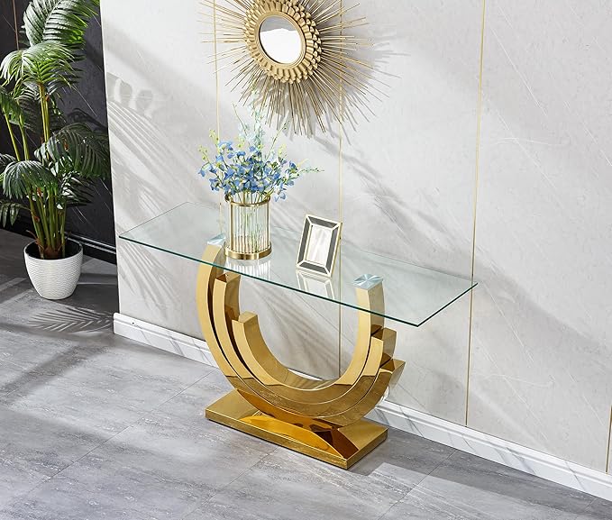 HomVent 55.12" Glass Console Table, Living Room Entry Tables, Modern Narrow Gold Tempered Glass Top Side Tables Bedroom, Rectangle Bedside Eating Tables for Home Office with Stainless Steel Base