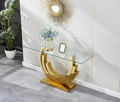 HomVent 55.12" Glass Console Table, Living Room Entry Tables, Modern Narrow Gold Tempered Glass Top Side Tables Bedroom, Rectangle Bedside Eating Tables for Home Office with Stainless Steel Base