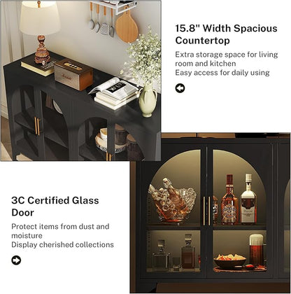 Foreate Arched Sideboard Buffet Cabinet with Storage & LED Light, 53.2" Large Buffet Cabinet with 4 Glass Door & Adjustable Shelf, Modern Farmhouse Sideboard Credenzas Metal Kitchen Buffets, Black