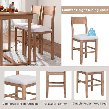 VilroCaz Farmhouse Counter Height Dining Table Set for 4, Wooden 5-Piece Kitchen Pub Bar Table Set, 47'' Rectangular Dining Table and 4 Upholstered Counter Height Chairs for Small Places (Brown-H)