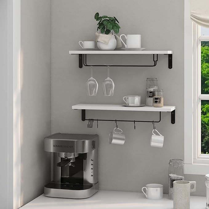 Afuly Coffee Bar Shelf, 20 Inch Wall Mounted Shelves for Mugs & Glasses, Floating Shelves with 8 Hooks, Coffee Cup Wall Holder, Set of 2