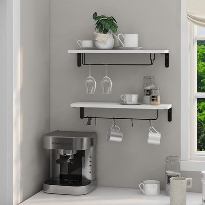 Afuly Coffee Bar Shelf, 20 Inch Wall Mounted Shelves for Mugs & Glasses, Floating Shelves with 8 Hooks, Coffee Cup Wall Holder, Set of 2