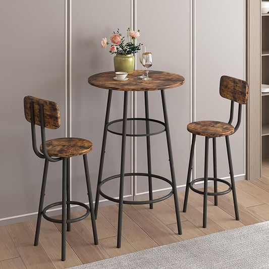 3 Piece Round Table and Chairs Set with Partition, Small Pub Dining Table Set with Storage for 2, High Top Table and Chairs for Small Space, Brown