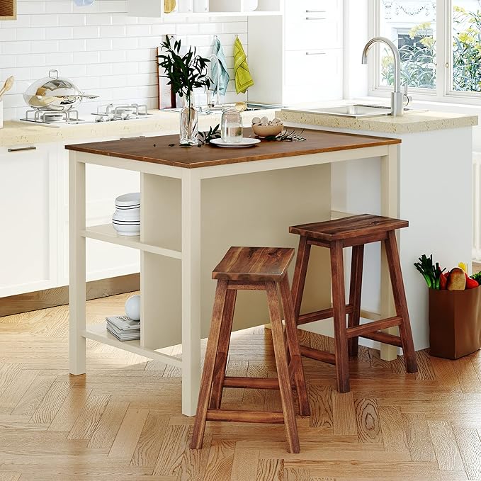 Solid Wood Rustic 3 45" Stationary Kitchen Island Set with 2 Seatings, Rubber Wood Butcher Block Dining Table Set Prep Table Set with 2 Open Shelves for Small Places,Walnut+Cream White JN401