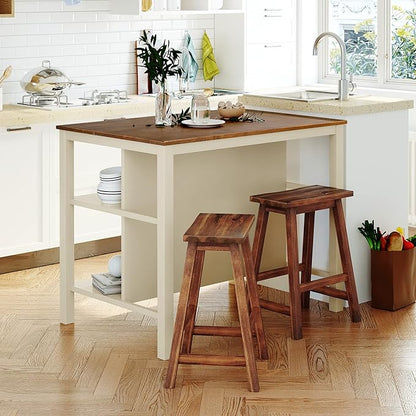 Rhomtree Stationary Kitchen Island Set with 2 Seating 45” Rectangular Kitchen Dining Coffee Table with 2 Open Shelves, 3-Piece Breakfast Table Set for Kitchen, Dining Room (Walnut+Cream White)