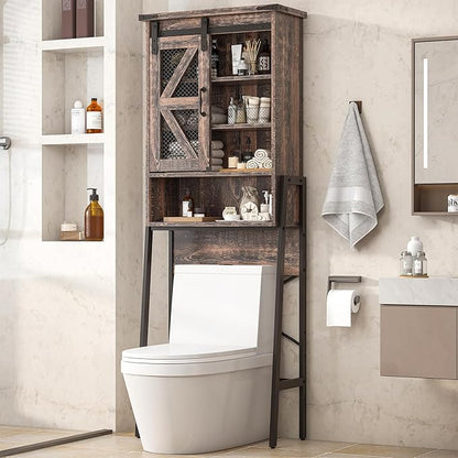 kepptory Over The Toilet Storage Cabinet with Sliding Barn Door, Over Toilet Bathroom Organizer with Adjustable Shelves and Metal Frame, Farmhouse Space Saver The Toilet Rack (Brown)
